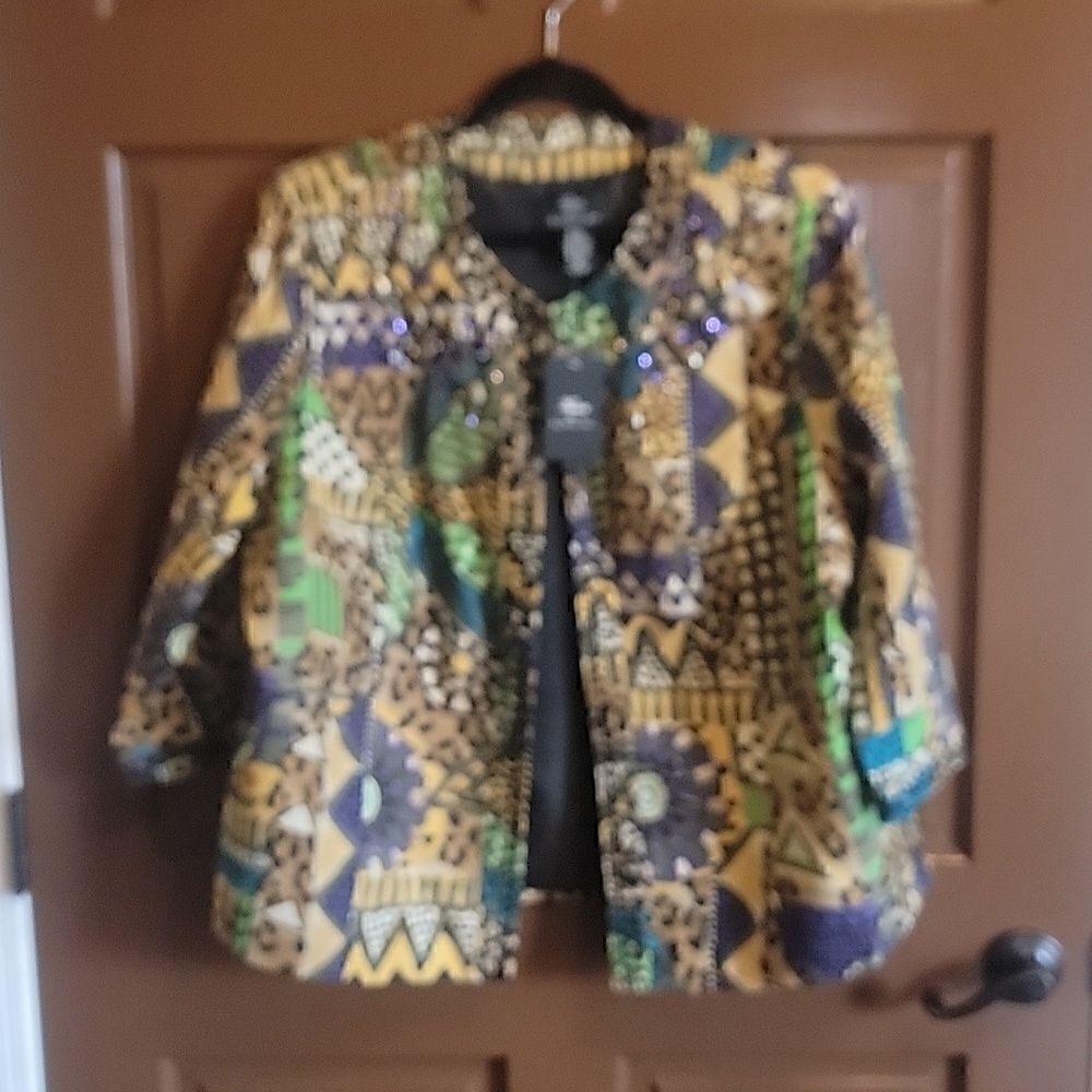 Trenz-Silk purple & green print jkt. 1X. NWT. 3/4 Sleeves. Round neck. - Picture 2 of 12